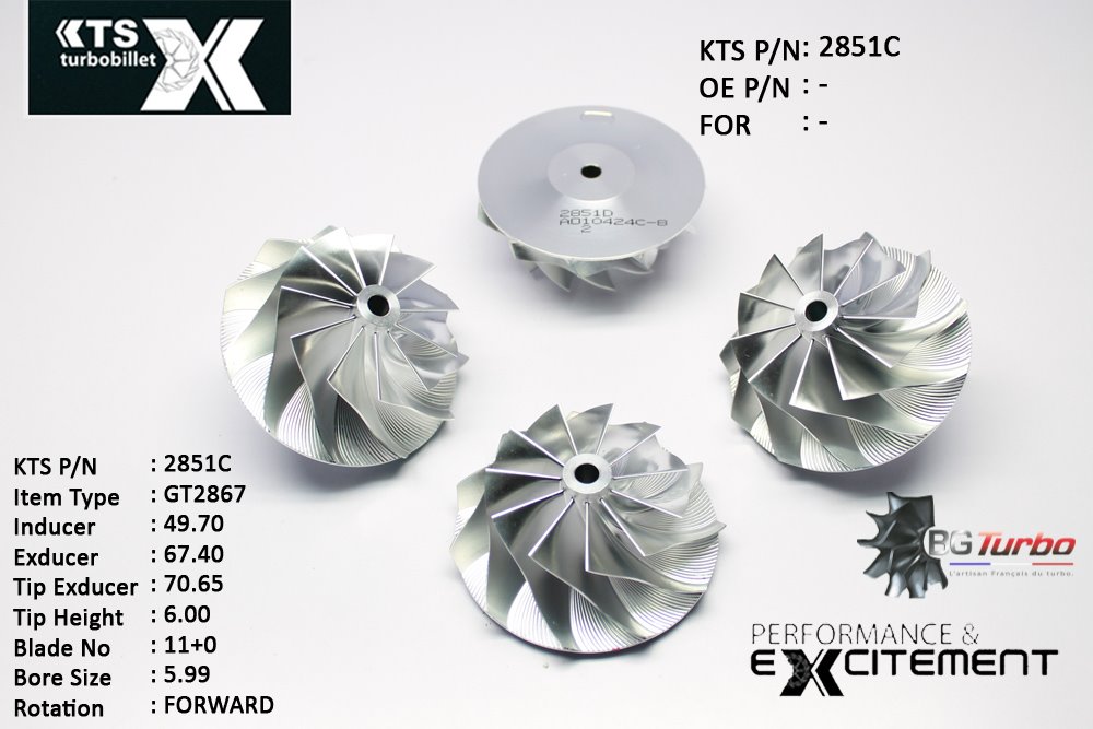 Turbo ROUE FORGÉE MFS PERFORMANCE - 11+0 PALES - INDUCER : 49,7 - EXDUCER : 67,4 - TYPE : GT2867ANGLE : 50° - ROTATION : Forward - SUPER BACK : 2,32 - BORE SIZE : 5,99
